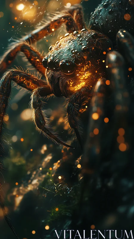 Glowing forest spider rests amid gentle floating embers