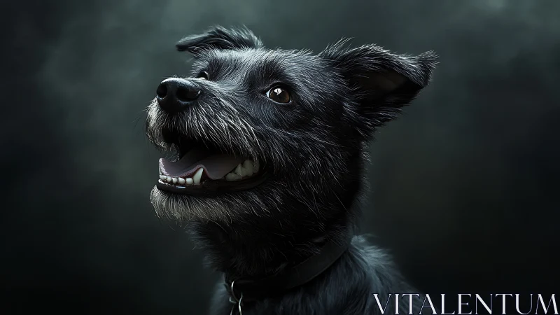 Bright-eyed black dog gazes upward with joyful curiosity