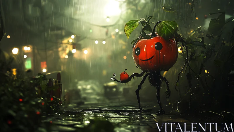 Anthropomorphic tomato creature smiles under neon rain lighting