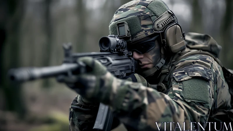 Tactical marksman in woodland camouflage aiming scoped rifle