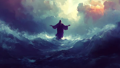 Storm-tossed ocean vortex with robed central figure under luminous sky