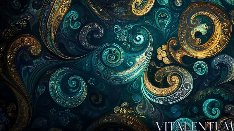 Ornate teal and gold fractal swirls in flowing motion.