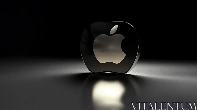 Glossy metallic apple emblem glows over dark surface.