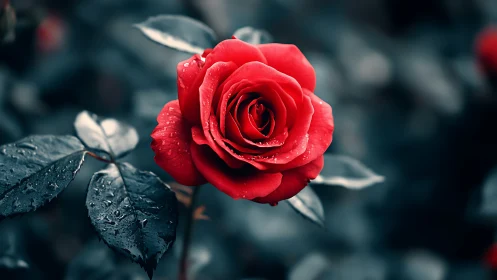 Red Rose with Moisture on Foliage.