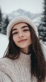 Photorealistic winter portrait in shallow-depth framing.