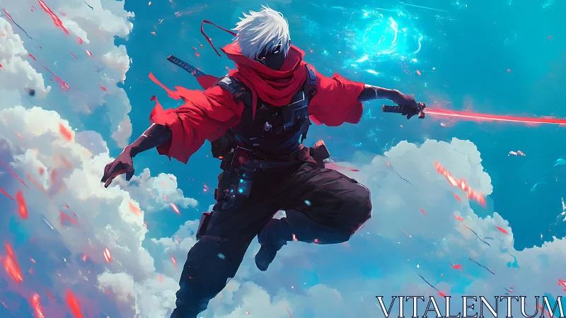 Skybound cyber-ninja leaps through glowing storm clouds.