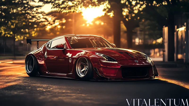 Modified red sports coupe on city street at sunset light.