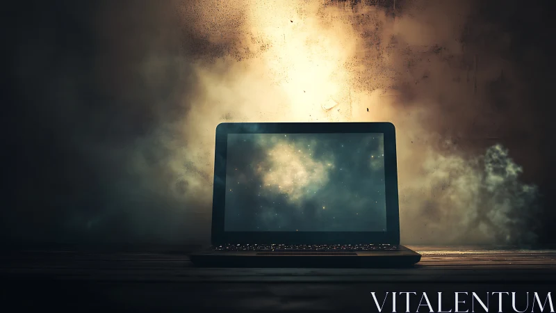 Backlit laptop with cosmic nebula display in dusty studio