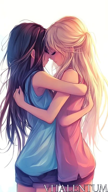 Intimate anime embrace with soft backlighting and warm hues