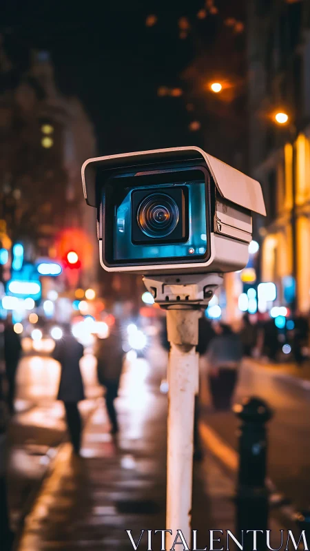 Surveillance camera records urban street scene at night