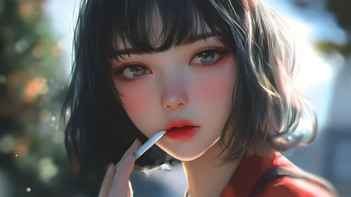 Soft-lit anime portrait with luminous eyes and lipstick