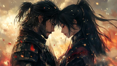 Ember-kissed samurai lovers pausing between storms of fate.