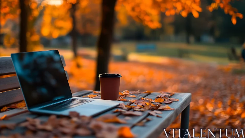 Laptop and cup on park bench in shallow depth of field scene
