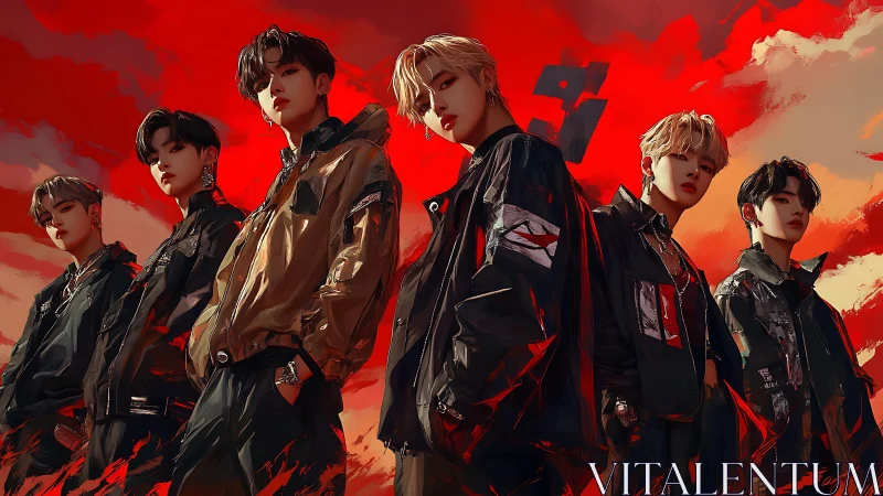 Confident boy band standing strong under blazing red skies.