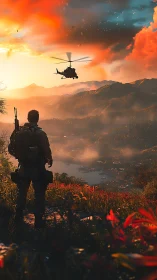 Soldier watches helicopter fly above misty valley at sunset
