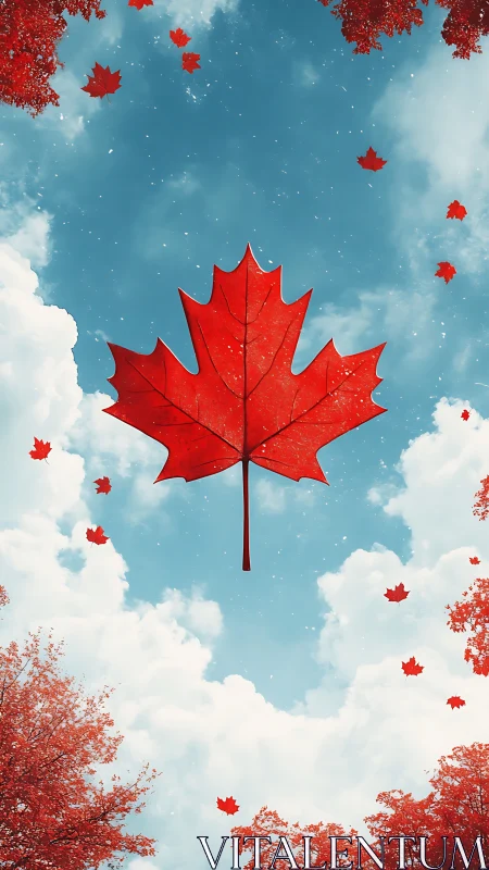 Red maple leaf floating in bright blue autumn sky.