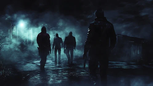 Armed survivors advance through a fog-drenched night road