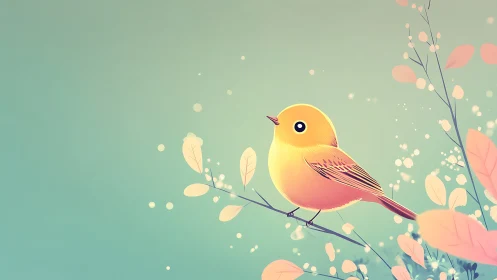 Cute Yellow Bird on Branch, Soft Pastel Digital Illustration.