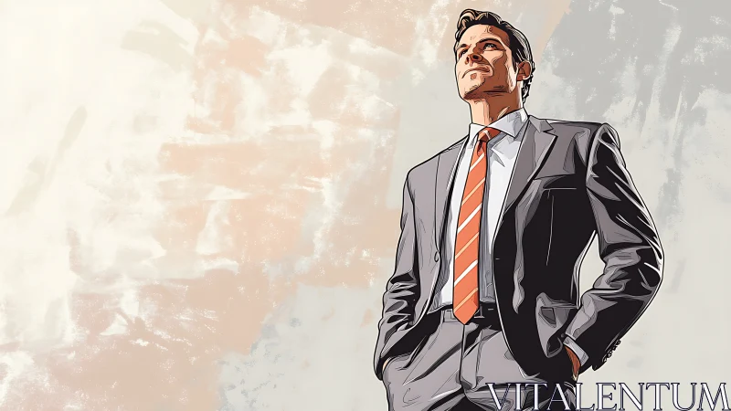 Man in gray business suit stands against abstract pastel wall