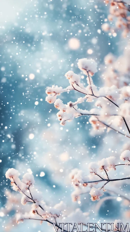 Macro study of snow-laden twigs in shallow-depth bokeh field.