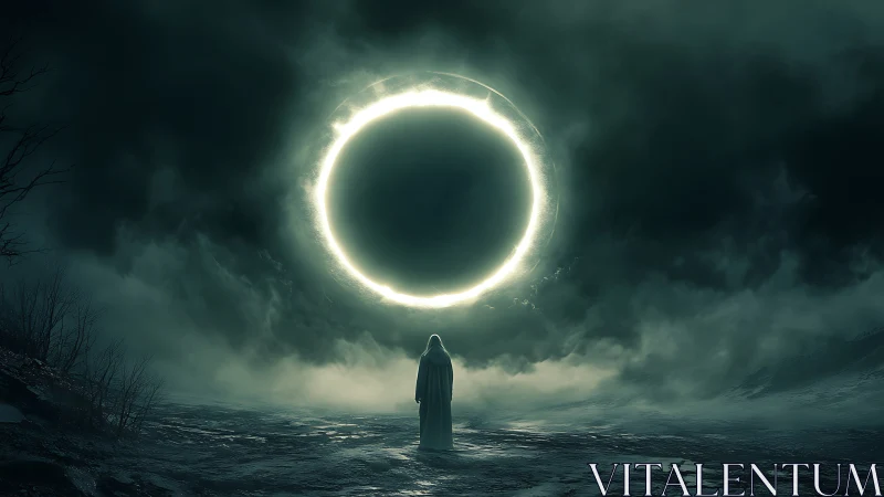 Lone robed figure confronts glowing celestial ring portal.