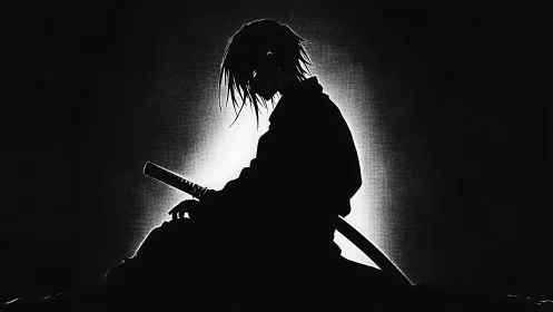 Silhouetted samurai with katana in stark monochrome glow.