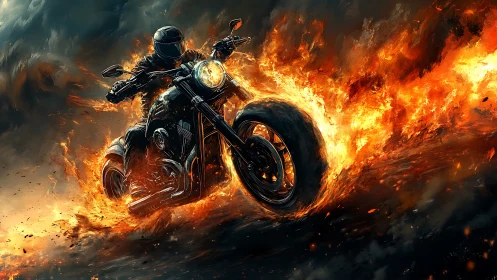 Flaming motorcycle rider blasts through inferno nightscape.