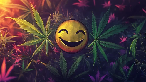Smiley face icon centered among cannabis leaves in foliage