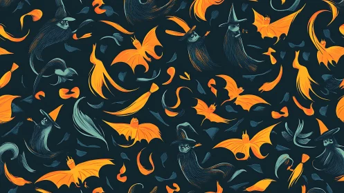 Whirling witch bats dance across a midnight Halloween sky.