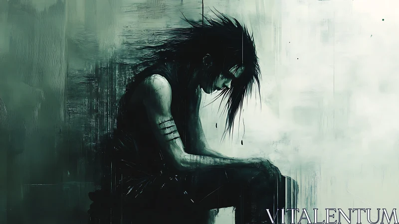 Solitary figure sits in profile within desaturated abstract field