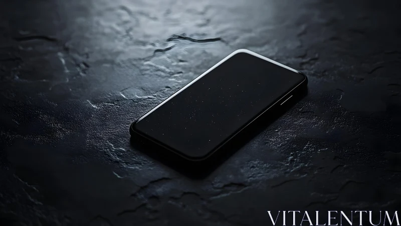 Modern smartphone on dark textured surface, dramatic lighting.
