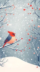 Red bird on snowy branch in stylized winter landscape scene.