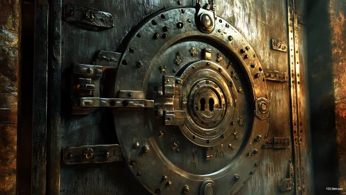 Massive steel vault door glows under dramatic golden light