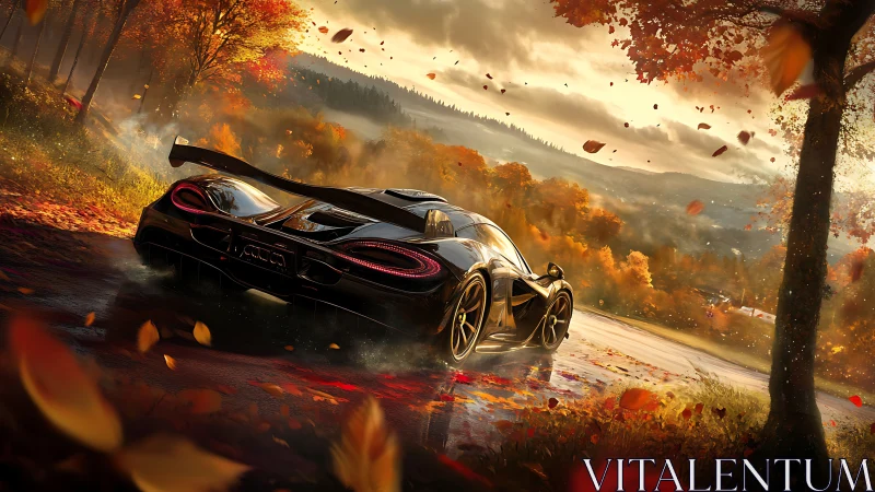 Jet-black supercar carves molten light through autumn storm