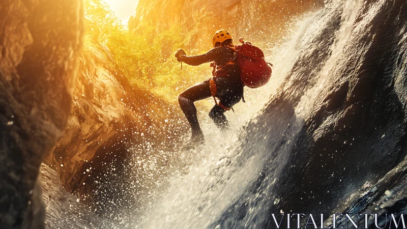 Canyoneer descends dynamic waterfall in warm backlit glow