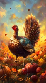 Regal autumn turkey struts through blazing harvest glow.