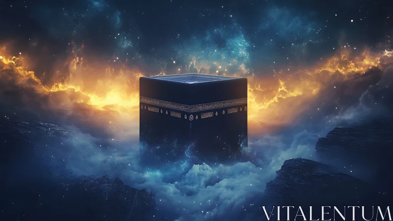 Celestial Kaaba floating amid glowing cosmic clouds.