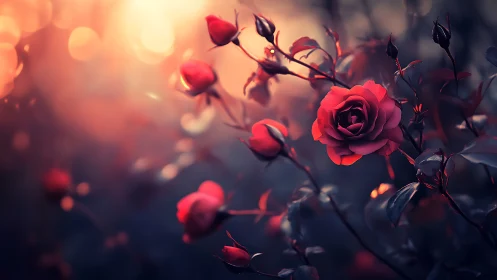 Backlit rose macro with shallow depth of field and warm bokeh glow