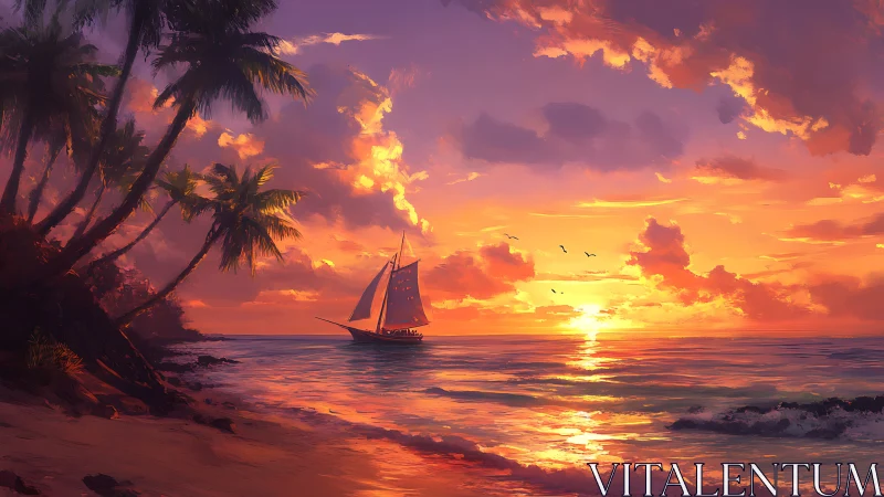 Tropical shoreline sailboat under luminous orange sunset sky