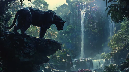 Silhouetted Felid Perched on Rocky Outcrop with Cascading Waterfall.