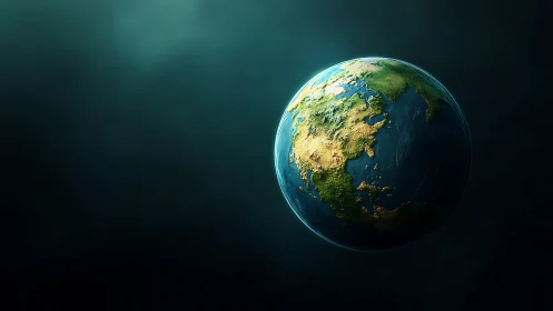 Rendered terrestrial globe shows lit landmasses in space