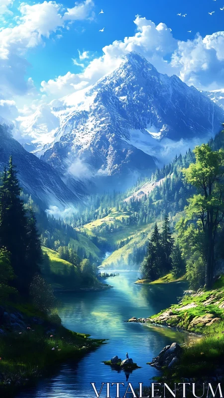 Digital painting of alpine river valley with towering snow peak.