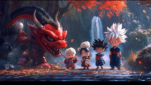 Chibi warriors and dragon stand before waterfall in forest