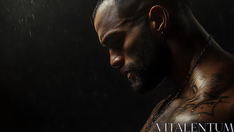 Quiet strength in the rain with a thoughtful tattooed man.