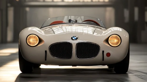 Streamlined BMW roadster in soft warehouse daylight glow.