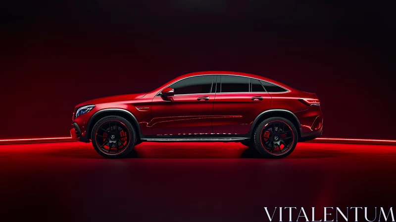 Side-profile view of red coupe SUV in controlled studio lighting.