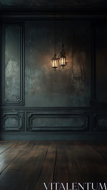 Moody vintage lanterns cast warm light in dark paneled room