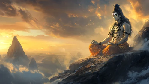 Meditating Himalayan deity amid radiant stormlit sunrise.