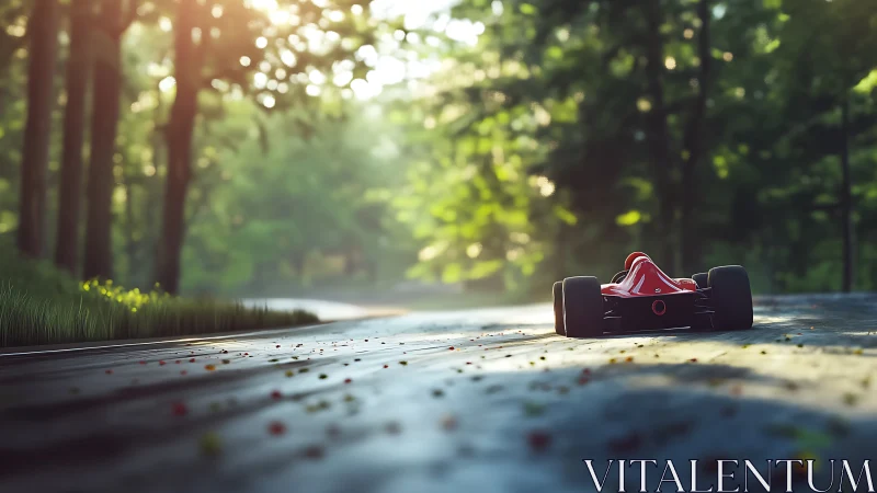 Red race car accelerates along sunlit forest curve