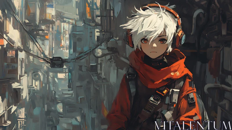 Cyberpunk youth stands in painterly neon alleyway silence.